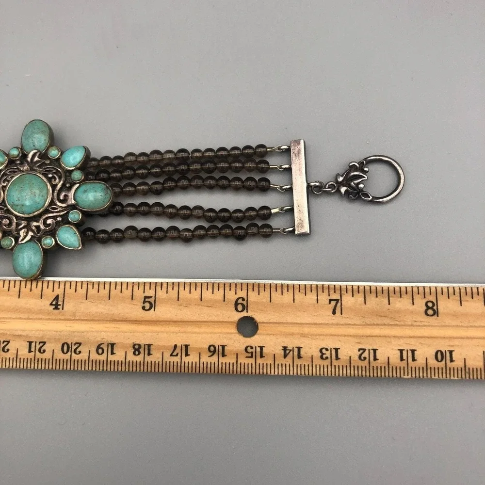 Barse Sterling Silver Turquoise Bracelet Beaded Smoky Quartz 7.5